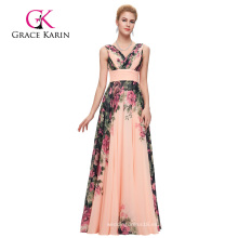 Grace Karin elegante profundo cuello en V sin mangas de gasa de largo impreso flores de gran tamaño vestido de noche vestido de mujer CL7502